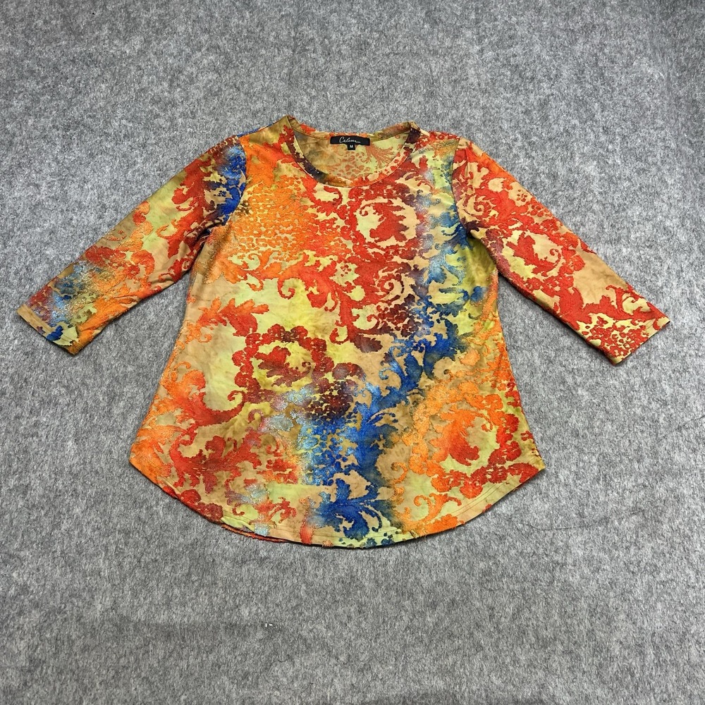 Calessa Blouse Womens M Multi Floral Scoop Neck 3/4 Sleeve Tunic Stretch Top